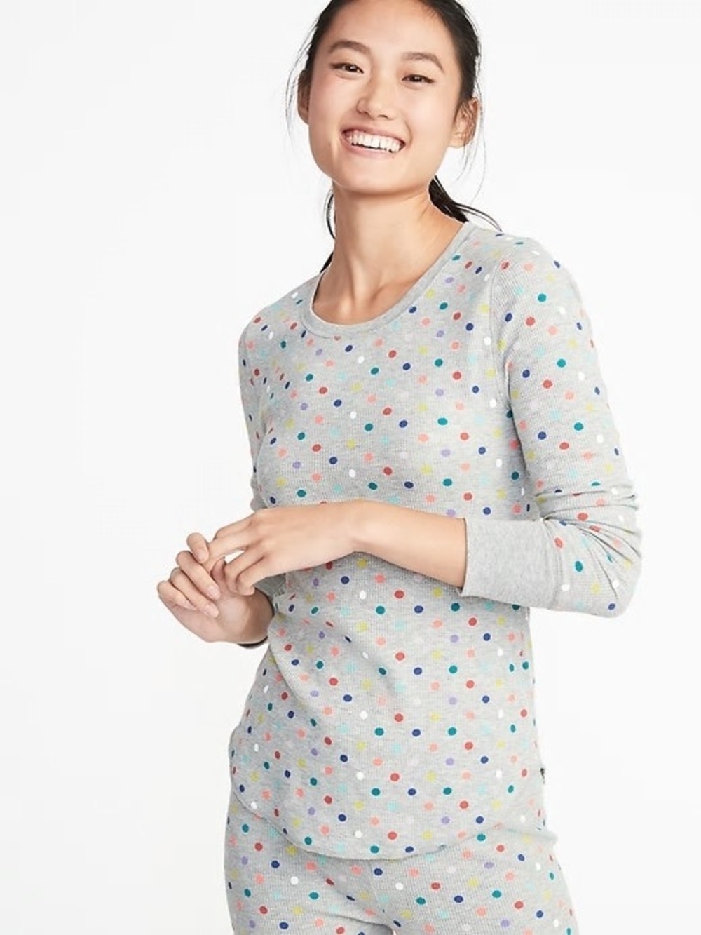 NWT Old Navy Slim-Fit Multi Dots Thermal Long Sleeve Tee Shirt Women Waffle Knit